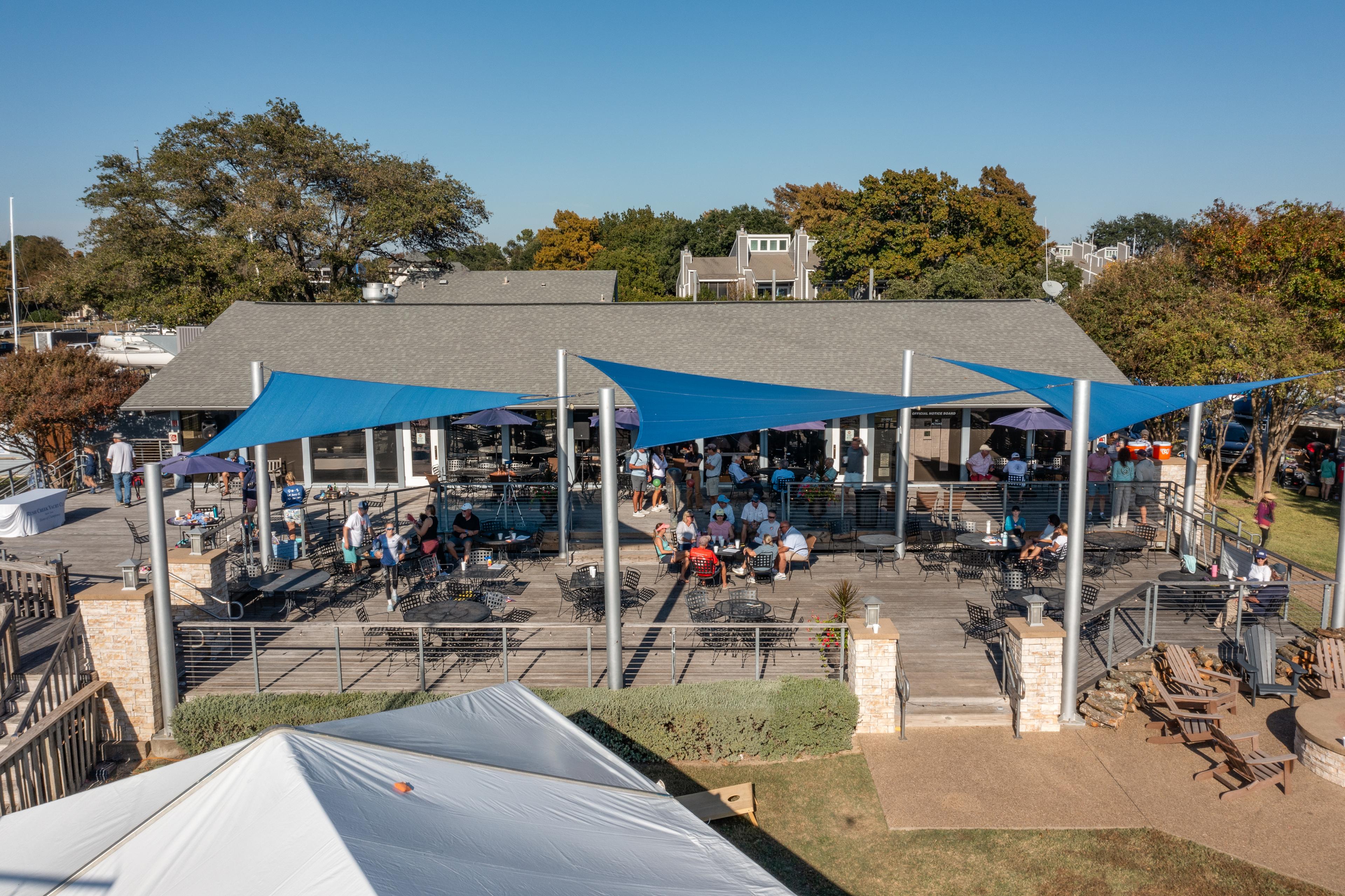 Aerial view of the Rush Creek Yacht Club deck and shade sails